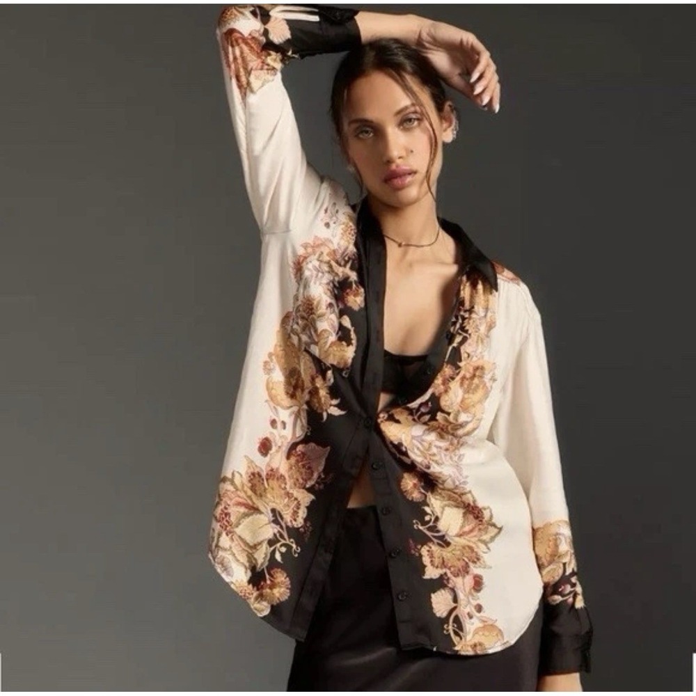 Anthropologie Brielle Relaxed Button Down Floral Cream Botanical Blouse M Medium